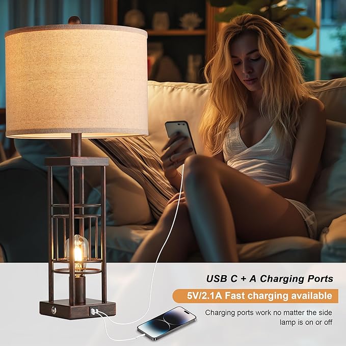 Table Lamp for Living Room Set of 2 with USB Charging Ports, 3-Way Dimmable 27.6" Farmhouse Lamps for Bedroom, Rustic Bedside Lamp, Industrial Nightstand Lamps,Bulbs Included - Bloomnest