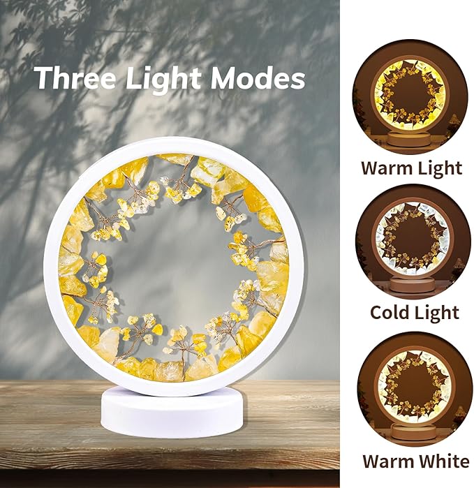 Runyangshi Natural Crystal Citrine Small Tree Round White Frame Tri-Color Ambient Light Home Decoration Night Light Healing Decor Gift - Bloomnest