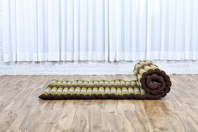 Leewadee - Foldable Floor Mattress - Japanese Roll Up Futon -Trifold Tatami Mat- Guest Floor Bed - Camping Mattress - Thai Massage Mat, Kapok Filled, 75 x 28 inches, Brown Green - Bloomnest