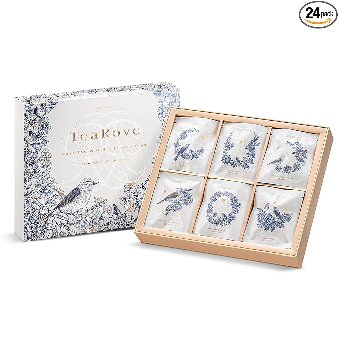 TeaRove Premium Tea Sampler Gift Set with Gold-Foil Presentation Box, 24 Assorted Variety Pyramid Infuser Bags, 6 Flavors Handcrafted Black, Oolong, Jasmine Green, Herbal Tea Sampler Gift for Tea Lover - Bloomnest