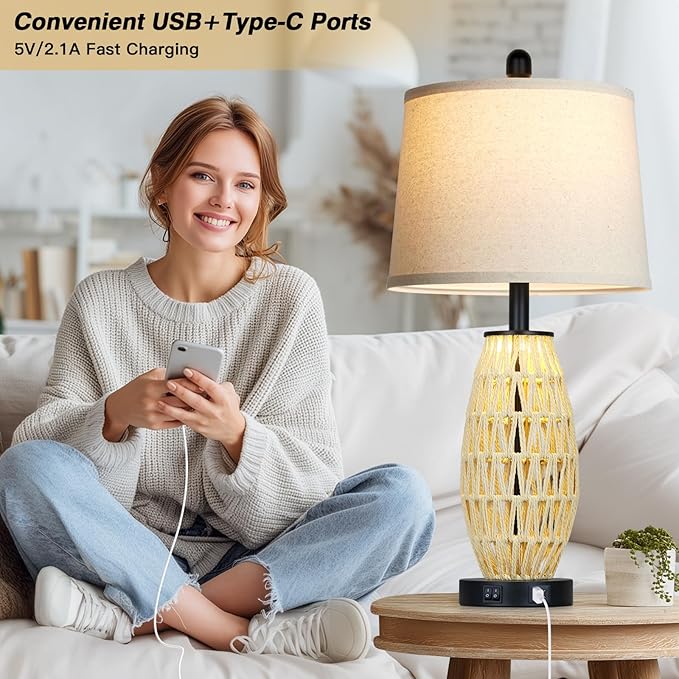 27“ Beige Boho Rattan Table Lamps with Night Light, Natural Bedroom Lamps Set of 2 with USB A+C Charging Ports, Rustic Farmhouse Woven Wicker Bedside Nightstand Lamp for Living Room End Tab - Bloomnest