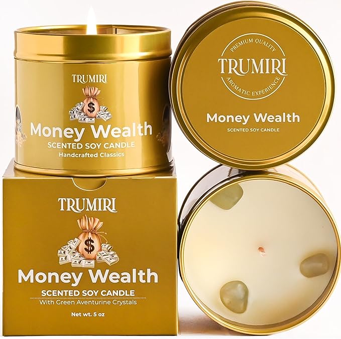 Money Wealth - Crystal Candles for Home Scented - 5oz Soy Wax Natural Clean Organic Non Toxic with Essential Oils - for Real Cash Luck Manifestation Aromatherapy Gift Bathroom - Long Lasting Candel TRUMIRI