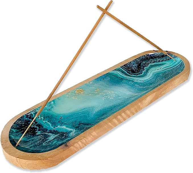The Art Box Hand-Painted Incense Burner Holder Ocean Blue - 12x4x1 inch Wooden Long Incense Stick Tray Holder for Modern Gift, Ash Catcher Incense Stick Holder - Meditation & Yoga - Bloomnest