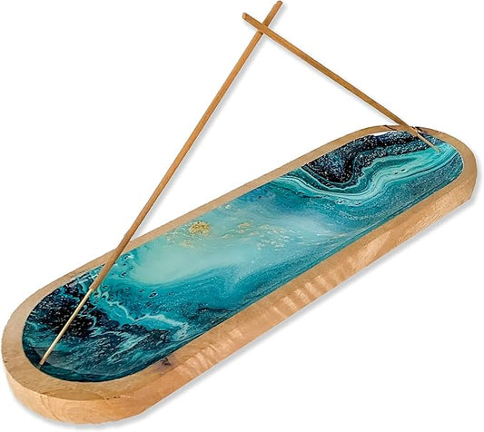 The Art Box Hand-Painted Incense Burner Holder Ocean Blue - 12x4x1 inch Wooden Long Incense Stick Tray Holder for Modern Gift, Ash Catcher Incense Stick Holder - Meditation & Yoga - Bloomnest