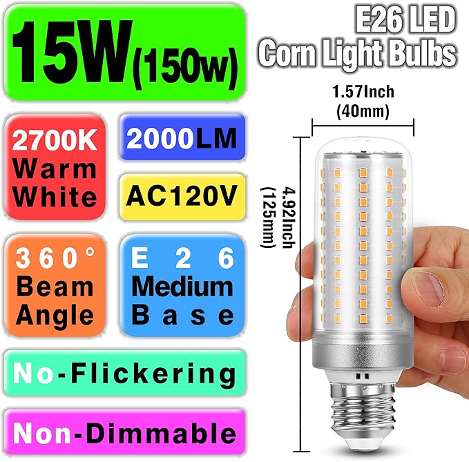 Big 1.57x 4.92 inch, E26 LED Corn Light Bulbs 150 Watt Equivalent 2000 lm,2700K Warm White,15W E27 Medium Base Non-dimmable Candelabra Ceiling Fan Corn Lighting for Home Garage Warehouse Indoor,5Pack - Bloomnest