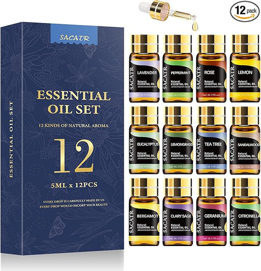 Essential Oils by SACATR Natural Essential Oil Set -12 Essential Oils Gift Set for Diffuser, Massage, Fragrance Oil Scent for DIY Candle and Soap Making (12 * 5ML) - Bloomnest