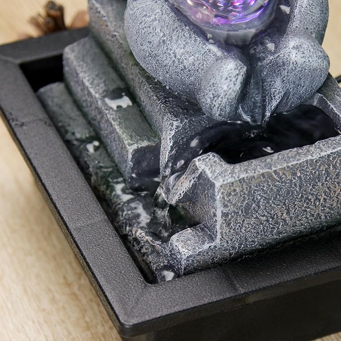 Cascading Rock Tabletop Fountain, Cute Indoor Waterfall Fountain with Colored LED Lights and Rolling Ball, 3 Tiered Desktop Fountain for Office Home Bedroom (Bear)