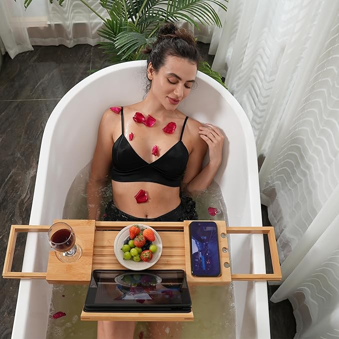 Utoplike Bamboo Bathtub Caddy Tray Bath Tray for Tub, Adjustable Bathroom Bathtub Organizer with Book Tablet Wine Glass Cup Towel Holder - Bloomnest