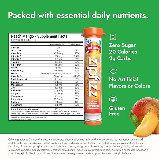 Zipfizz Daily Energy Drink Powder, Peach Mango, 20 Pack | 3-in-1 Sustained Energy, Rapid Hydration, and Essential Vitamins | Sugar-Free | Electrolyte Powder | Contains Vitamin B-12 & Antioxidants - Bloomnest