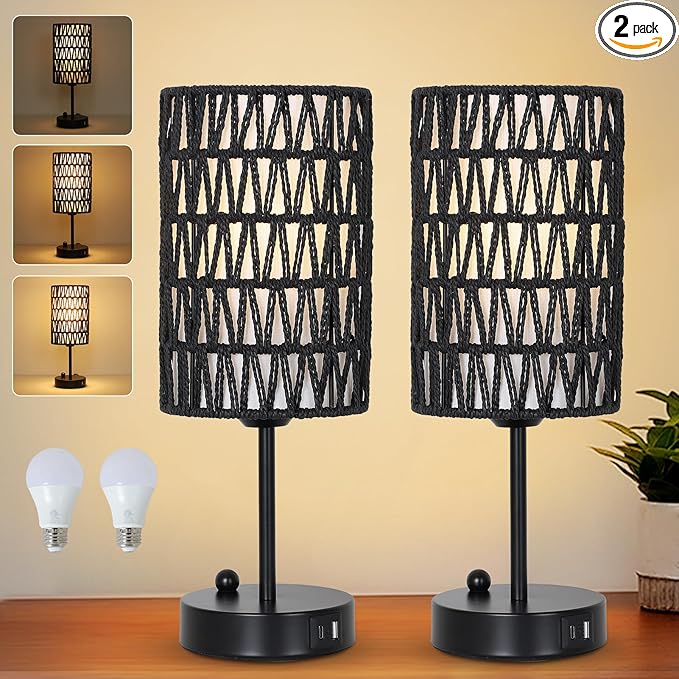 Black Bedside Lamps Set of 2, Touch Control Night Stand Lamp for Bedroom with Rattan & Linen Shade & Bulbs, 3 Way Dimmable Small Boho Table Lamps with USB Charging Port & Phone Stand - Bloomnest
