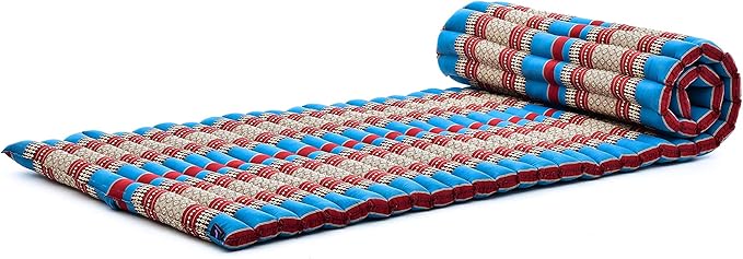 Leewadee - Foldable Floor Mattress - Japanese Roll Up Futon -Trifold Tatami Mat- Guest Floor Bed - Camping Mattress - Thai Massage Mat, Kapok Filled, 75 x 28 inches, Blue Red - Bloomnest