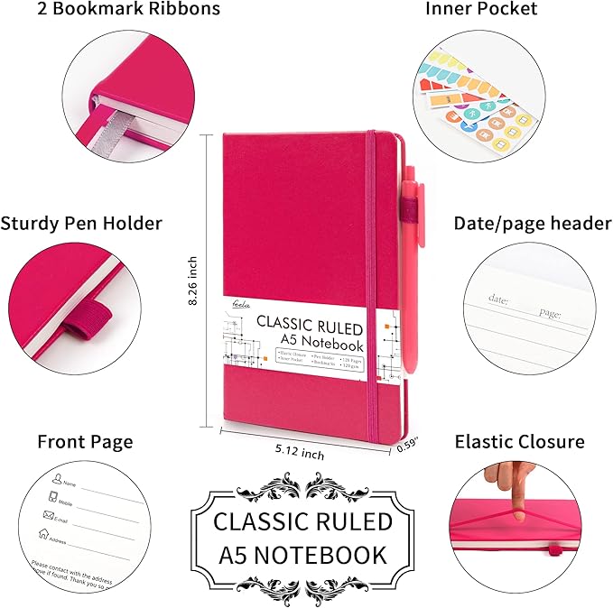 feela 12 Pack Notebooks Journals Bulk, Hardcover Notebook Classic Ruled Lined Journals with Pen Holder for Women Girls School Business Supplies, with 12 Black Pens, 120 GSM, 5.1”x8.3”, A5, Berry - Bloomnest