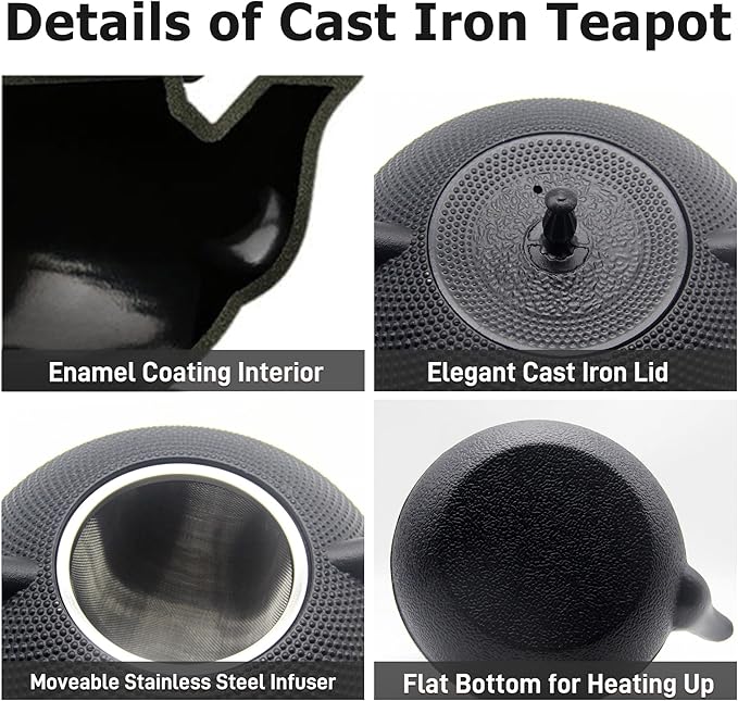 Big Cast Iron Teapot Set with Cups, Japanese Tetsubin Tea Kettle for Stovetop Safe, Cast Iron Tea Set with Tea Strainer for Loose Tea and Enameled Interior (1800ml Teapot Set with Cups) - Bloomnest