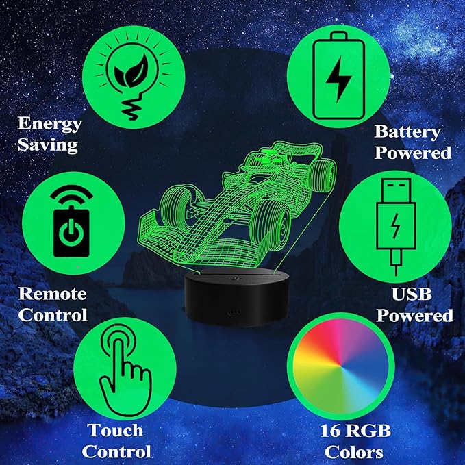 F1 Car Night Light, Formula One Gifts, 3D Illusion Lamp with Remote Control, 16 RGB Colors, 4 Flashing Modes, Timer, Dimmable, Men Boy Racing Car Gifts Room Decoration for Holiday Birthday Christmas - Bloomnest