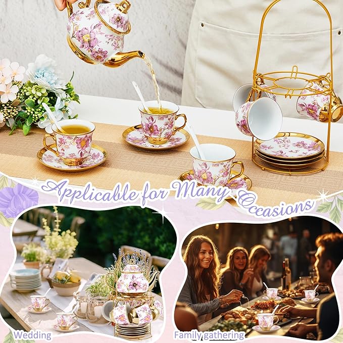 Zhehao 20 Pcs Porcelain Tea Set with Metal Holder and Spoon Adult Ceramic Tea Set European Flower Painting Teapot Cup Saucer Spoon for Women, Large Version(Purple Style) - Bloomnest
