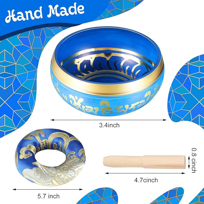 BBTO Tibetan Singing Bowls Set for Healing 3.4'' Meditation Sound Bath Bowl 7 pcs Chakra Crystal Stones Mallet Cushion Chakra Bracelet Pendant(Blue) - Bloomnest