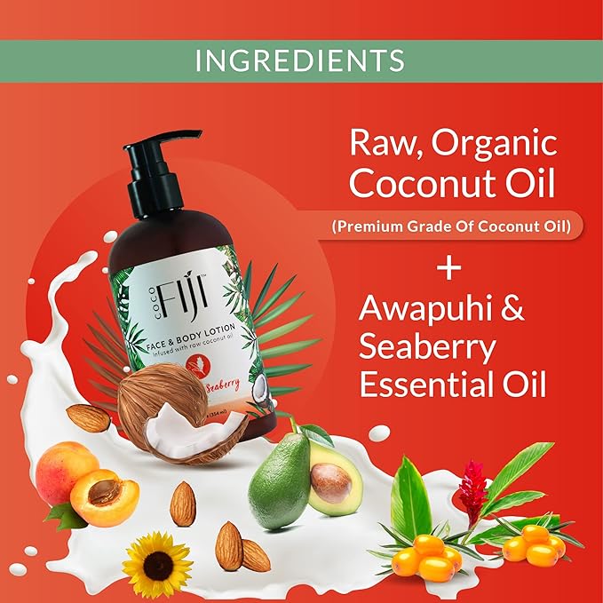 Coco Fiji Face & Body Lotion Infused With Coconut Oil | Lotion for Dry Skin | Moisturizer Face Cream & Massage Lotion for Women & Men | Awapuhi Seaberry 12 oz, Pack of 3 - Bloomnest