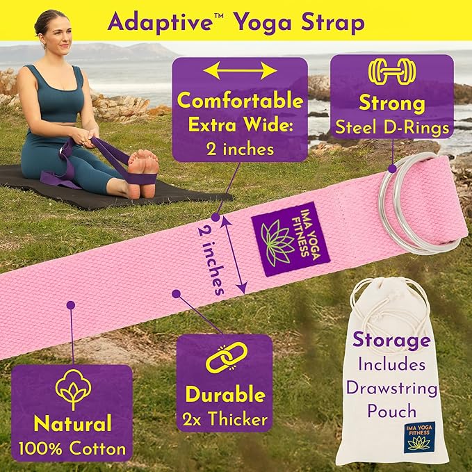 Adaptive Yoga Strap, Stretching Strap, 2 Inches Wide, 100% Naturally Soft Cotton, Steel D-Rings, Includes Natural Cotton Drawstring Storage Pouch and Instructional E-Book - Bloomnest