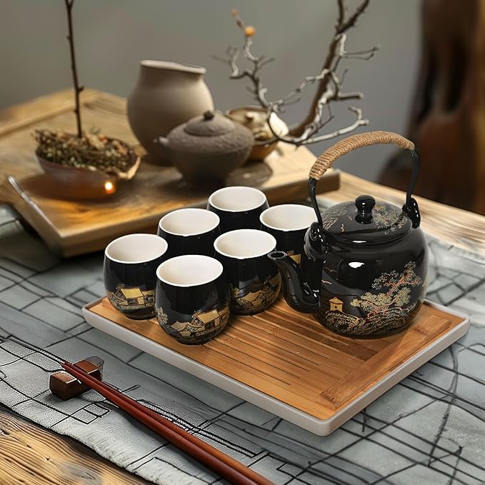 Japanese Tea Set for Adults - Elegant Golden Countryside Theme with Teapot, 6 Cups & Tea Tray, Stainless Steel Infuser - Traditional Asian Gift for Women Men, Housewarming, Wedding - Bloomnest
