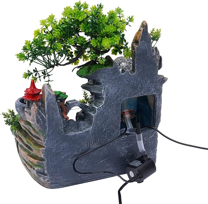 Stone Fountain Indoor Water Fountains Tabletop Waterfall Fountains Relaxing Landscape Atomizing Humidifier with Rockery Plants LED Light for Home Office Bedroom (E) - Bloomnest