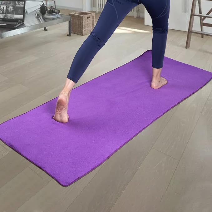 POLYTE Microfiber Hot Yoga Towel Mat with Non-Slip Silicone Grip and Secure Fit Elastic Straps, 24 x 72 in (Purple) - Bloomnest