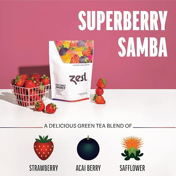Zest Energy Green Tea - Superberry Samba Loose Leaf - High Caffeine Strawberry & Passion Fruit - Caffeinated Coffee Altnernative with Antioxidants - Natural, Non-GMO & Keto - 50 Servings - 135mg Caf - Bloomnest