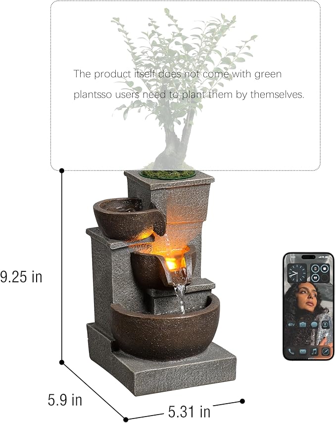 Tabletop Waterfall Fountain, Three Bowls Cascading Indoor Zen Fountain with LED Lights Natural Stones Perfect for Home, Office, Yoga Pump Included（22025N） - Bloomnest