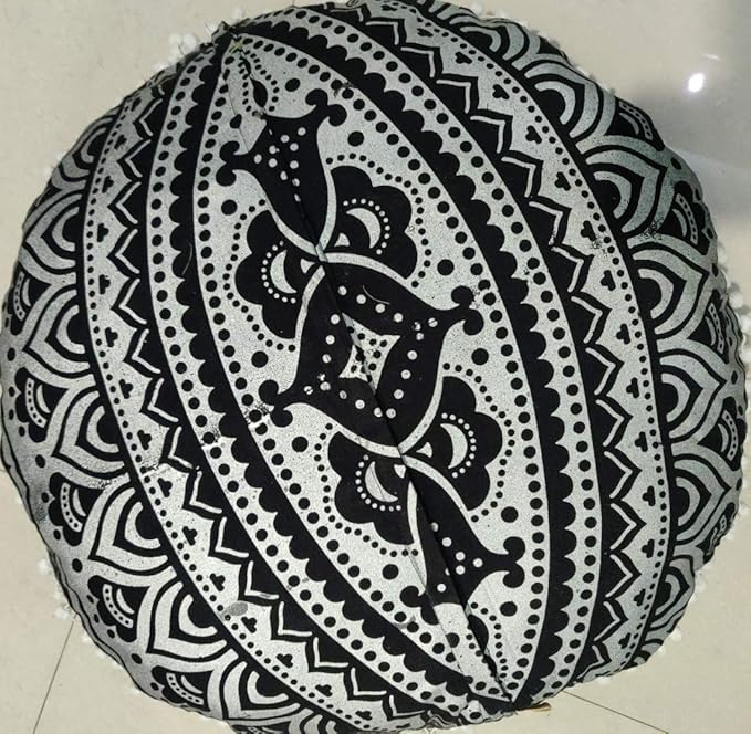INDIAN CRAFT CASTLE 24" Black Silver Mandala Barmeri Large Floor Pillow Cover Cushion Meditation Seating Ottoman Throw Cover Hippie Decorative Zipped Bohemian Pouf Ottoman Pom Pom Cases 24" Round - Bloomnest