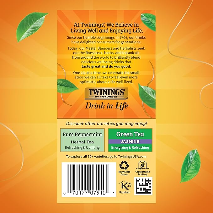 Twinings Lemon & Ginger Herbal Tea Individually Wrapped Bags, 20 Count (Pack of 6), Tangy Lemon, Spicy Ginger, Naturally Caffeine-Free, Enjoy Hot or Iced, 120 Teabags - Bloomnest