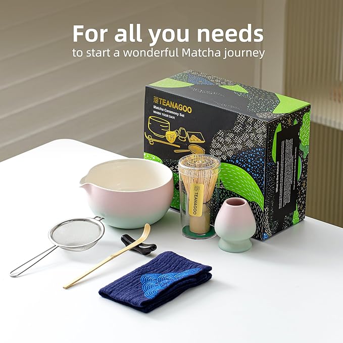 TEANAGOO Matcha Whisk Set Pink,Ceremony Matcha Set Kit Grident Pink,Matcha Tea Set for Making Breakfast/Latte,7 Pcs Matcha Whisk Set and Bowl with All Accessories,Gift for Family/Friend - Bloomnest