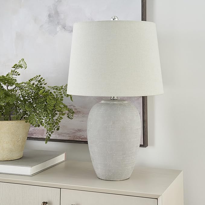 Nourison Home 23" Vintage Grey (White Washed) Ceramic Pot Table Lamp for Bedroom, Living Room, Dining, Office, with Grey Shade - Bloomnest