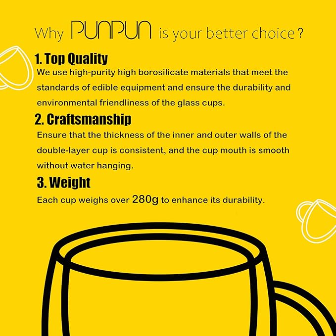 PunPun 17OZ. 500ml Clear Coffee Mugs, Glass for Coffee, Double Wall Insulated Glass Mugs with Big Handle, Every Day for Americano, Latte, Cappuccinos and Beverage.Set of 4 - Bloomnest