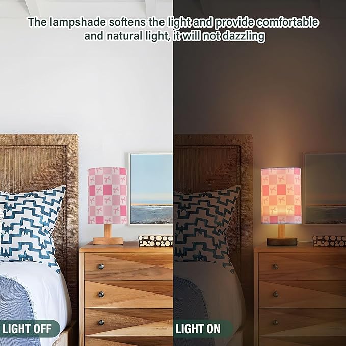 Pink Bows Gingham LED Table Lamp with USB Port Night Light Bedroom Lamps for Nightstand Living Room Dorm Home Office Desk - Bloomnest