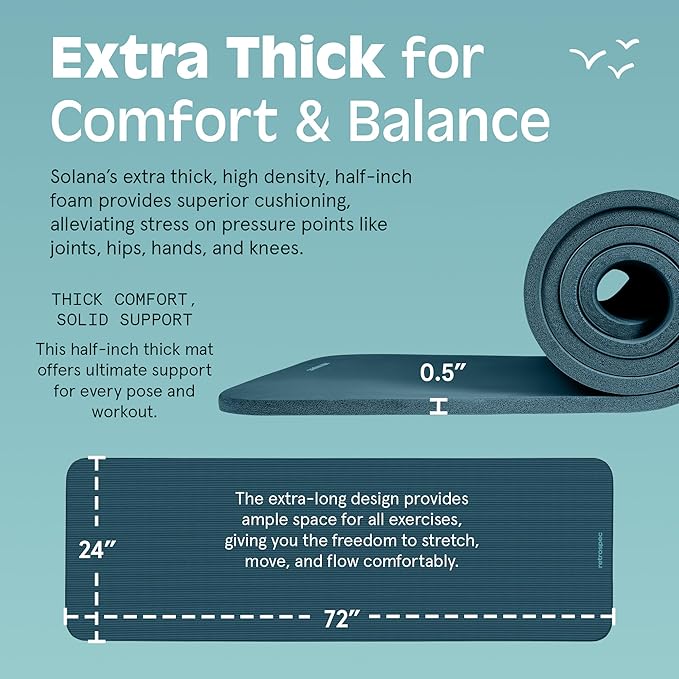 Retrospec Solana Yoga Mat 1/2" Thick w/Nylon Strap for Men & Women - Non Slip Exercise Mat for Yoga, Pilates, Stretching, Floor & Fitness Workouts - Bloomnest