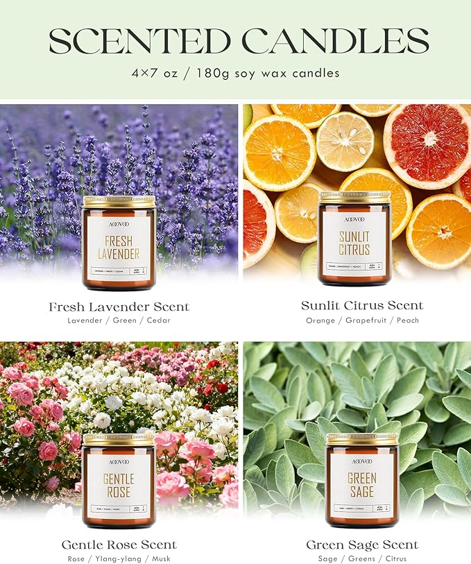 AOOVOO Candle Set - 4PC Scented Candles, 28 oz Soy Candles, Soy Candle for Home Scented, Lavender/Citrus/Rose/Sage - Bloomnest
