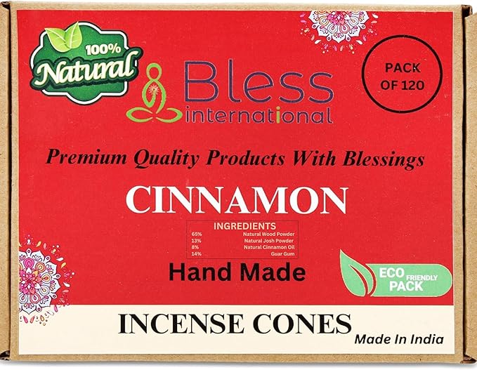 Bless International Cinnamon 100%-Natural-Incense-Cones Handmade-Hand-Dipped Organic-Chemicals-Free for-Purification-Relaxation-Positivity-Yoga-Meditation The-Best-scents (120 Count) BlessInternational