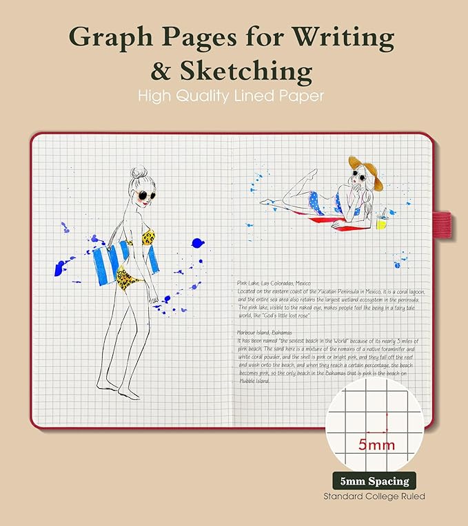 PAIBAS Graph Notebook for Women Men, 160 Pages Grid Paper, Graphing Notebooks for School, Work, Quad Ruled, Inner Pocket, A5 Hardcover Vintage Leather Journals for Writing, 5.8"x8.5" (Burgundy) - Bloomnest