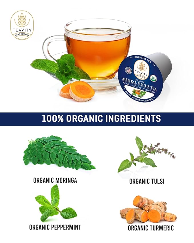 Teavity Organic Mental Focus Tea Pods (24 Count) - Moringa, Peppermint, Holy Basil & Turmeric - Naturally Decaf - Keurig Compatible - Bloomnest