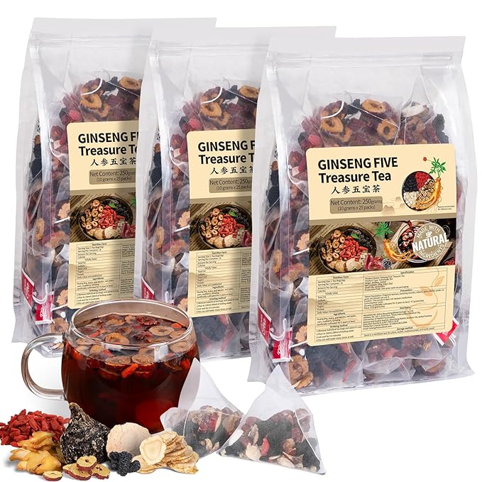 Ginseng Five Treasures Kidney Tea, Traditional Chinese Herbal TeaBags, Natural Organic Kidney Cleanse Detox Tea for Women & Men, 7 Precious Ingredients Formula(3 Pack/75 Bags) - Bloomnest