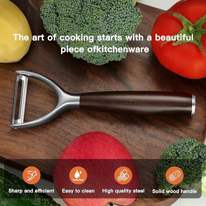 Premium Y Type 304 Stainless Steel Multifunctional Kitchen Peeler Real Wood Handle Ultra Sharp Blade Vegetable Potato Apple(Carbonized Wood) - Bloomnest