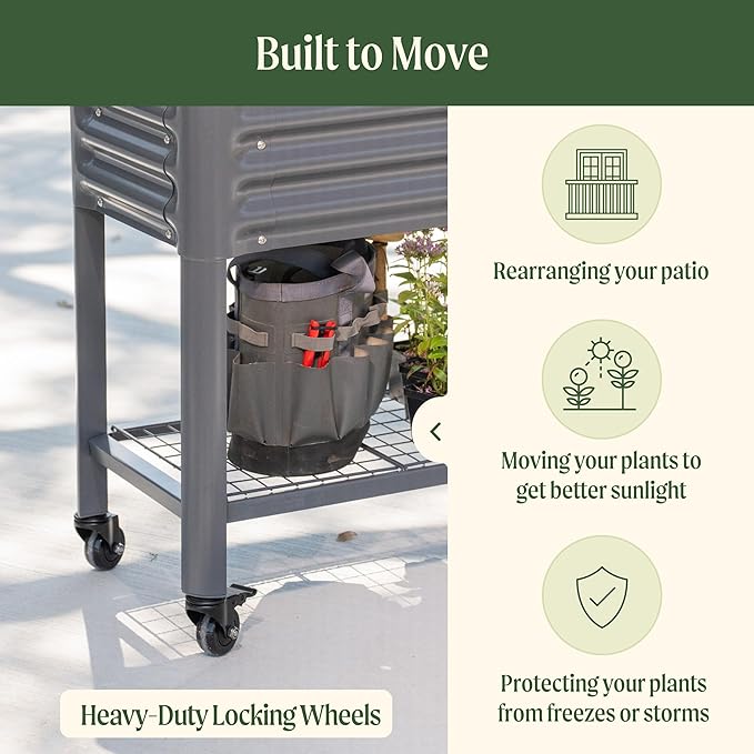 Rolling Elevated Raised Garden Bed - Slim Series, 1.5' x 3.5' Outdoor Planters Boxes with Legs & Storage Rack for Patio, 500 Lbs Weight Capacity, Raised Beds for Gardening Herbs Flowers, Modern Gray - Bloomnest