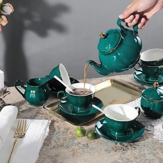 fanquare 21 Piece Vintage Porcelain Tea Set, Green with Gold Trim Fine China Tea Sets for Party, Teapot with Tea Cup and Saucers Set for 6, Christmas Gifts - Bloomnest