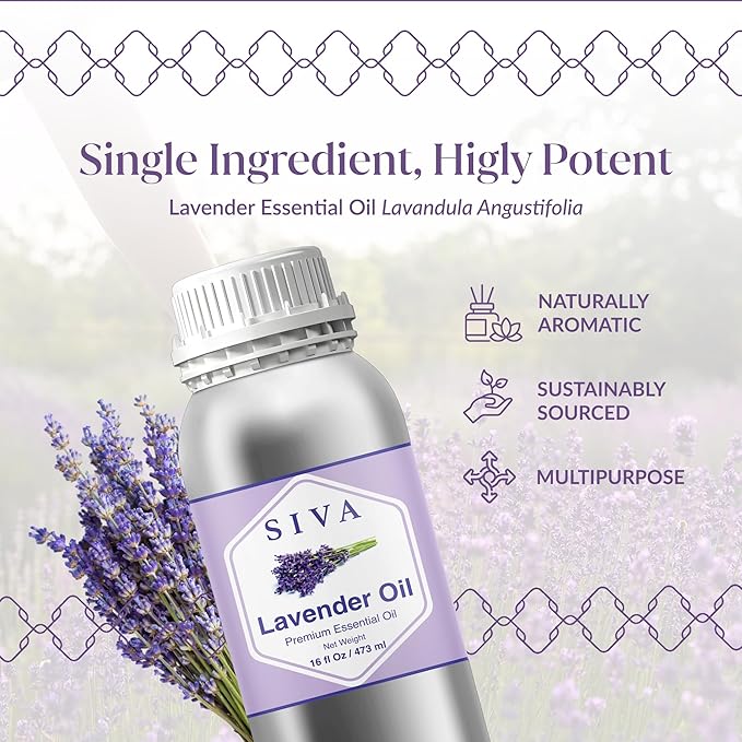 Siva Lavender Essential Oil – 16 Fl Oz – 100% Natural Lavender Oil - for Diffuser, Hair Care, Face, Skin Care, Aromatherapy, Scalp and Body Massage, Soap and Candle Making SIVAOrganics