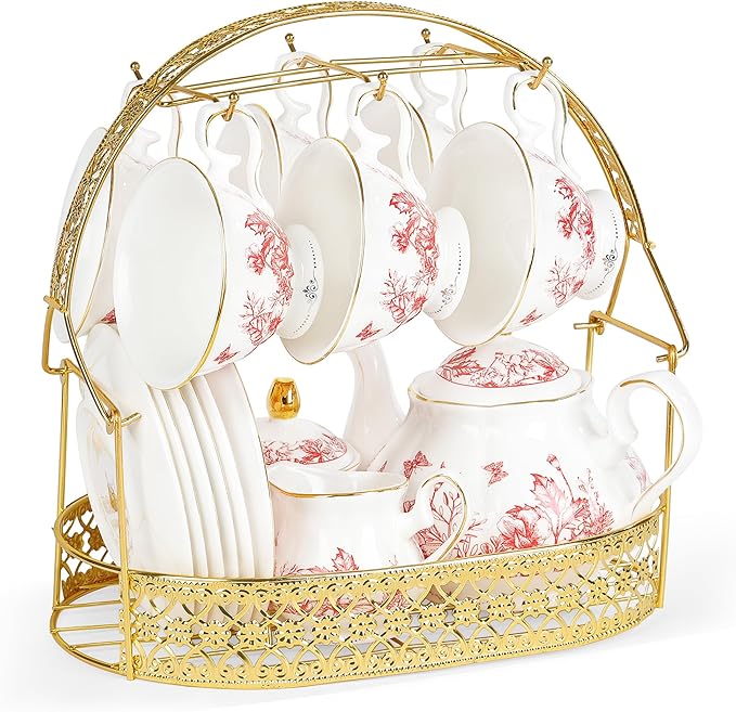 fanquare Vintage Porcelain Tea Set with Holder, 22 Piece Red Floral New Bone China Tea Coffee Gift Sets for Wedding Birthday, 6 Tea Cup and Saucers for Women Tea Party - Bloomnest