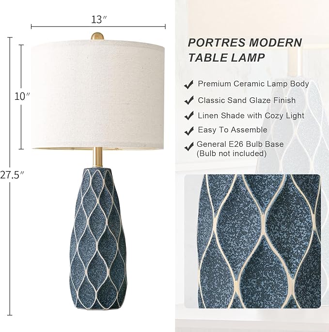 27.5" Ceramic Table Lamps for Living Room Bedroom Lamps Set of 2 Modern Boho Bedside Lamps Night Stands Farmhouse Vintage Large Nightstand Lamp Reading Light Home Office Dorm Desk Deco Gifts, Blue - Bloomnest
