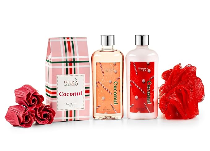 Coconut Spa Valentines Gift Basket Bath & Body Set with Shower Gel, Body Lotion, Bath Salts, Soap Flowers, Bath Sponge in a Wicker Basket (Red & Green Set) - Bloomnest