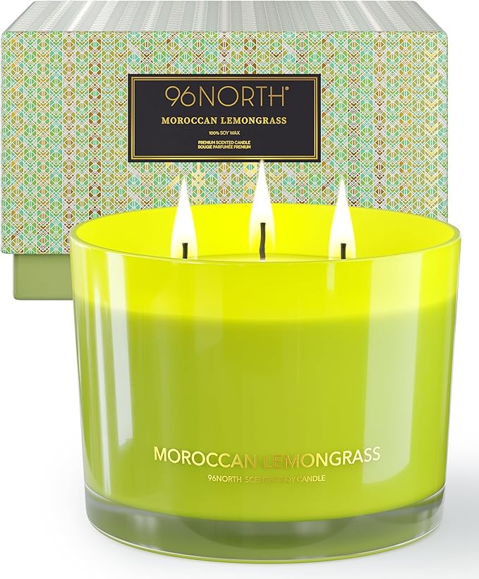 96NORTH Luxury Lemongrass Candle | Large 3-Wick Jar Candle | Up to 40 Hours Burning Time | 100% Natural Soy Wax | Relaxing Aromatherapy Aesthetic Candle | Housewarming Gift for Men and Women - Bloomnest