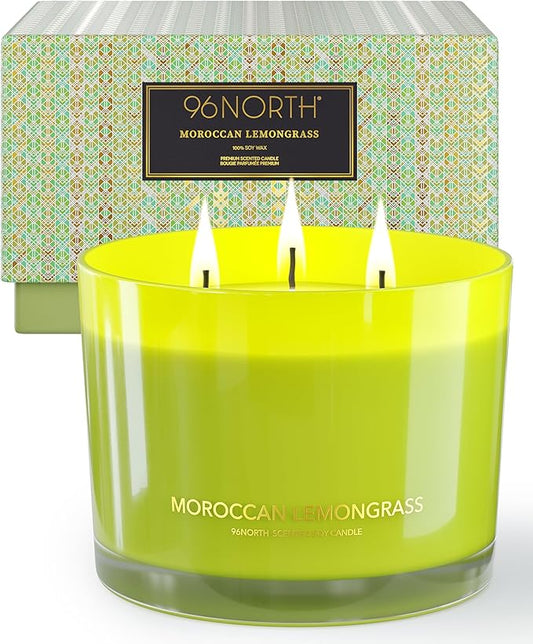 96NORTH Luxury Lemongrass Candle | Large 3-Wick Jar Candle | Up to 40 Hours Burning Time | 100% Natural Soy Wax | Relaxing Aromatherapy Aesthetic Candle | Housewarming Gift for Men and Women - Bloomnest