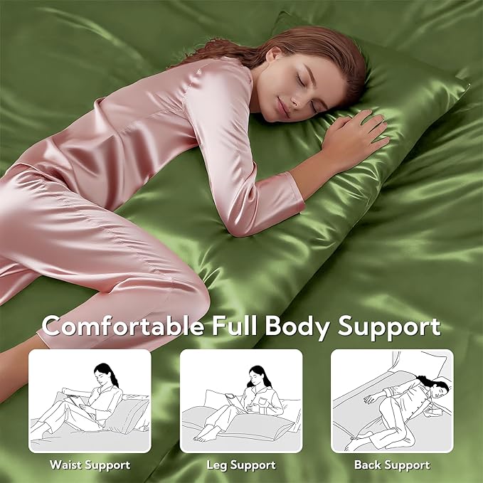 MR&HM Satin Body Pillow Cover, Soft and Breathable Body Pillow Case with Envelope Closure, Cooling and Silky Long Pillowcase for Hair and Skin,Grey (20x54, Sage) - Bloomnest