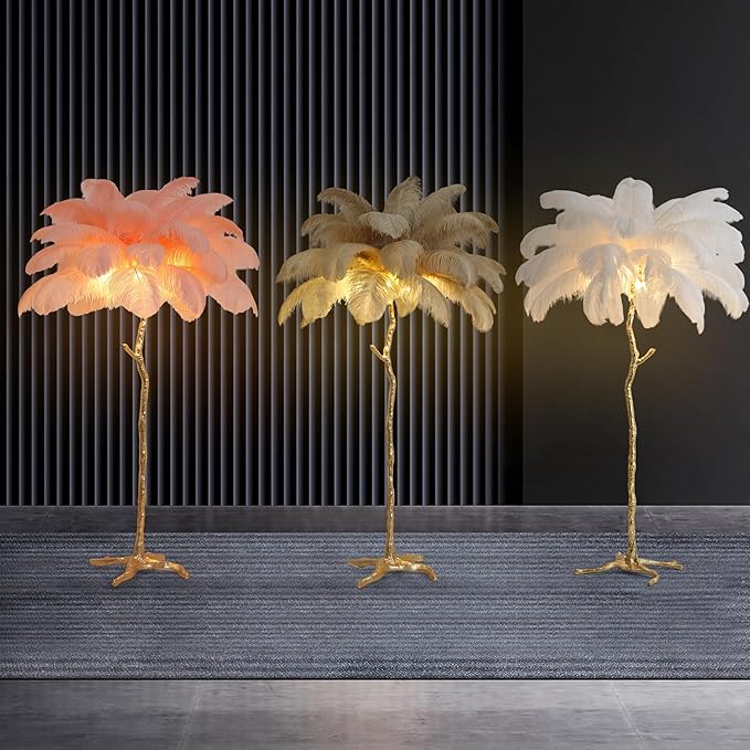 MAYOLA Luxury Resin Ostrich Feather Lamp, 35 Pieces Real Ostrich Feathers,Floor Light for Living Room, Bedroom and Office 67” Tall Feather Lamp(Pink, Floor Lamp) - Bloomnest